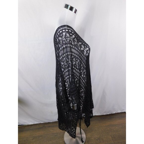 Crochet Poncho Womens One Size Black Boho Open Knit Tassel Hem Cover Up Beach - Picture 9 of 11